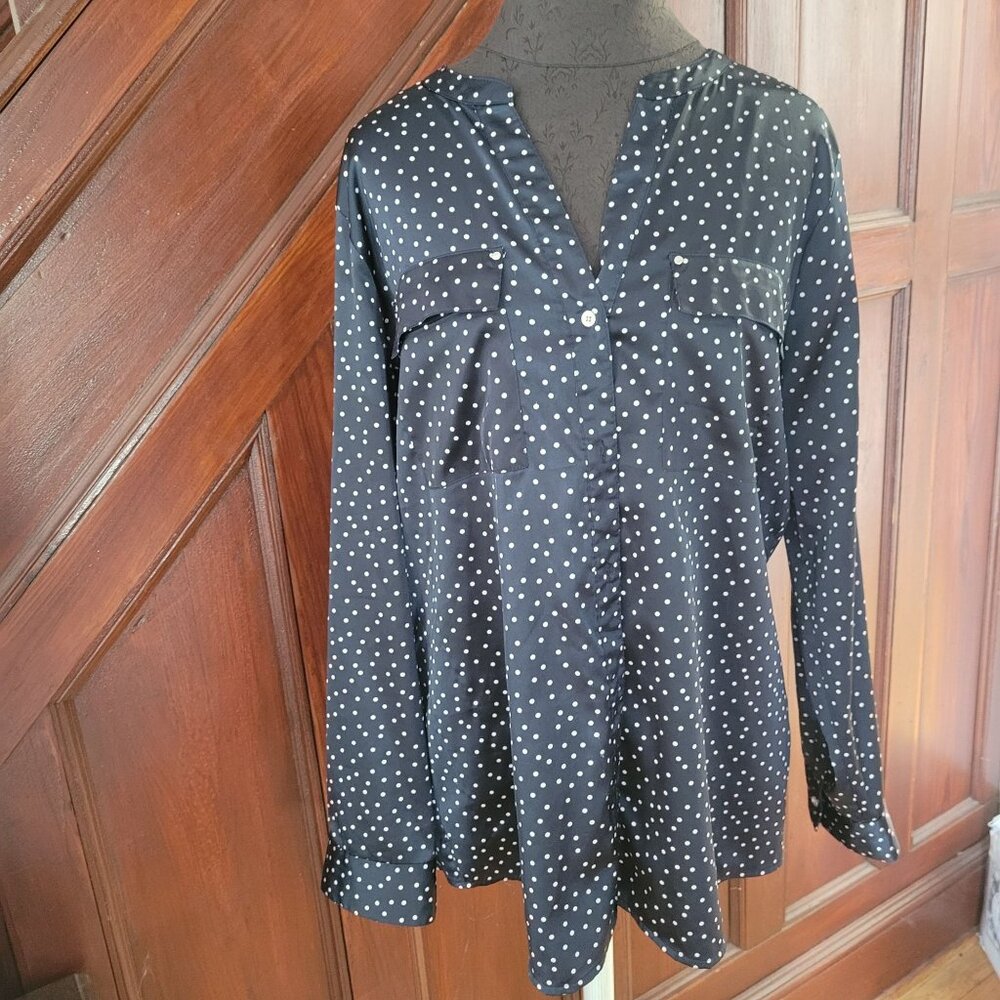 Calvin Klein Womens Polka Dot Blouse Size L Black & White Polyester